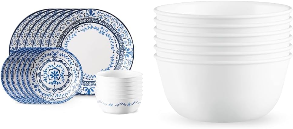 Juego de vajilla de 18 piezas de Corelle Vitrelle para 6 personas, triple capa de vidrio, resistente a las astillas, y Vitrelle de 28 onzas, cuencos