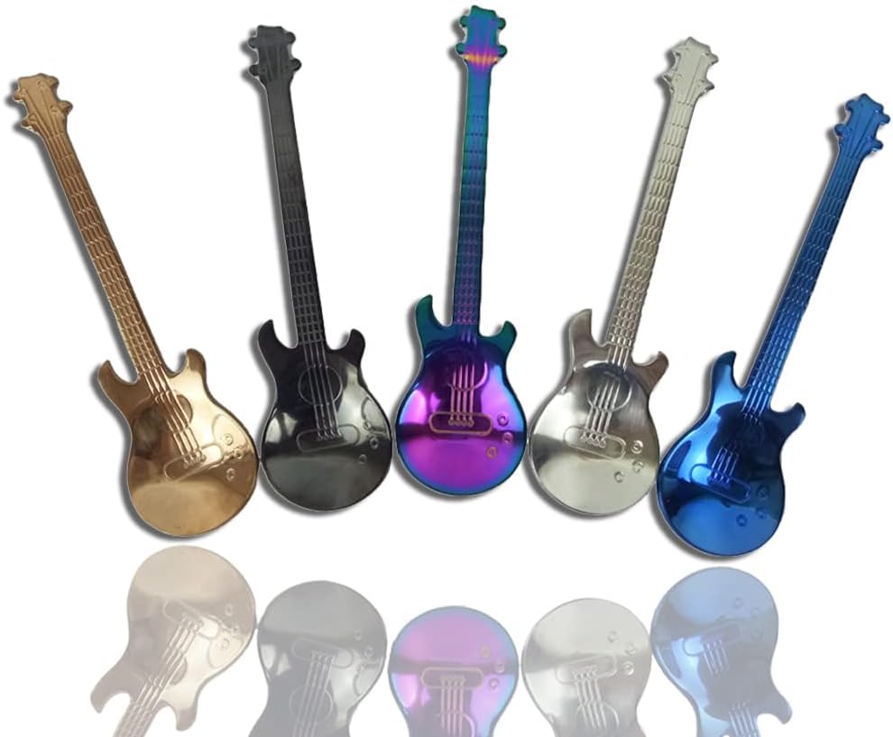 Juego de 5 cucharas de guitarra, juego de cucharas de té, juego de cucharas de té coloridas de acero inoxidable, cuchara de mezcla de té, café de