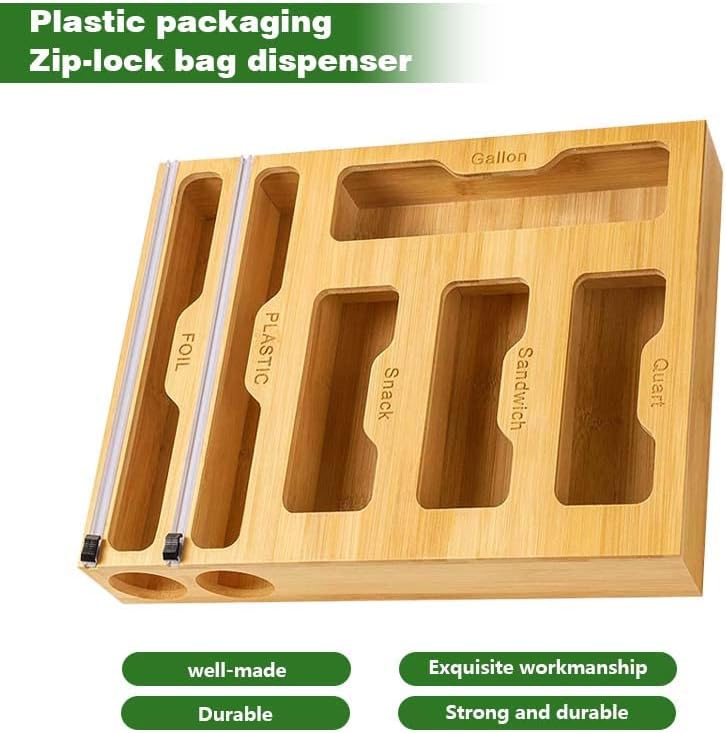 Organizador de almacenamiento de bolsas Ziplock 6 en 1, dispensador de papel de bambú y plástico con cortador organizador para cajón de cocina,