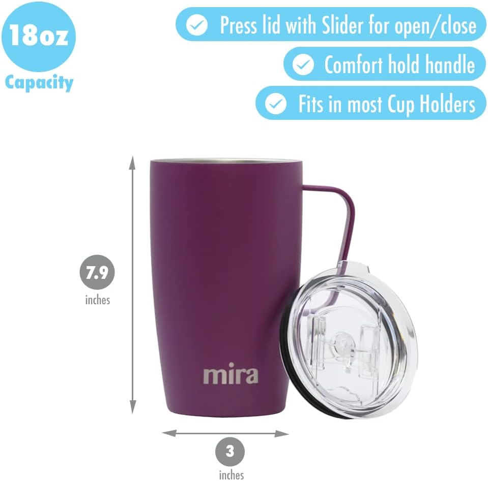 MIRA Taza de café aislada de 18 onzas con asa y tapa, apta para portavasos, acero inoxidable, iris