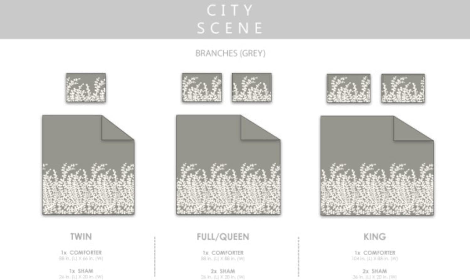 City Scene – Juego de edredón Queen, ropa de cama de algodón con fundas a juego, decoración moderna del hogar (ramas grises, Queen)