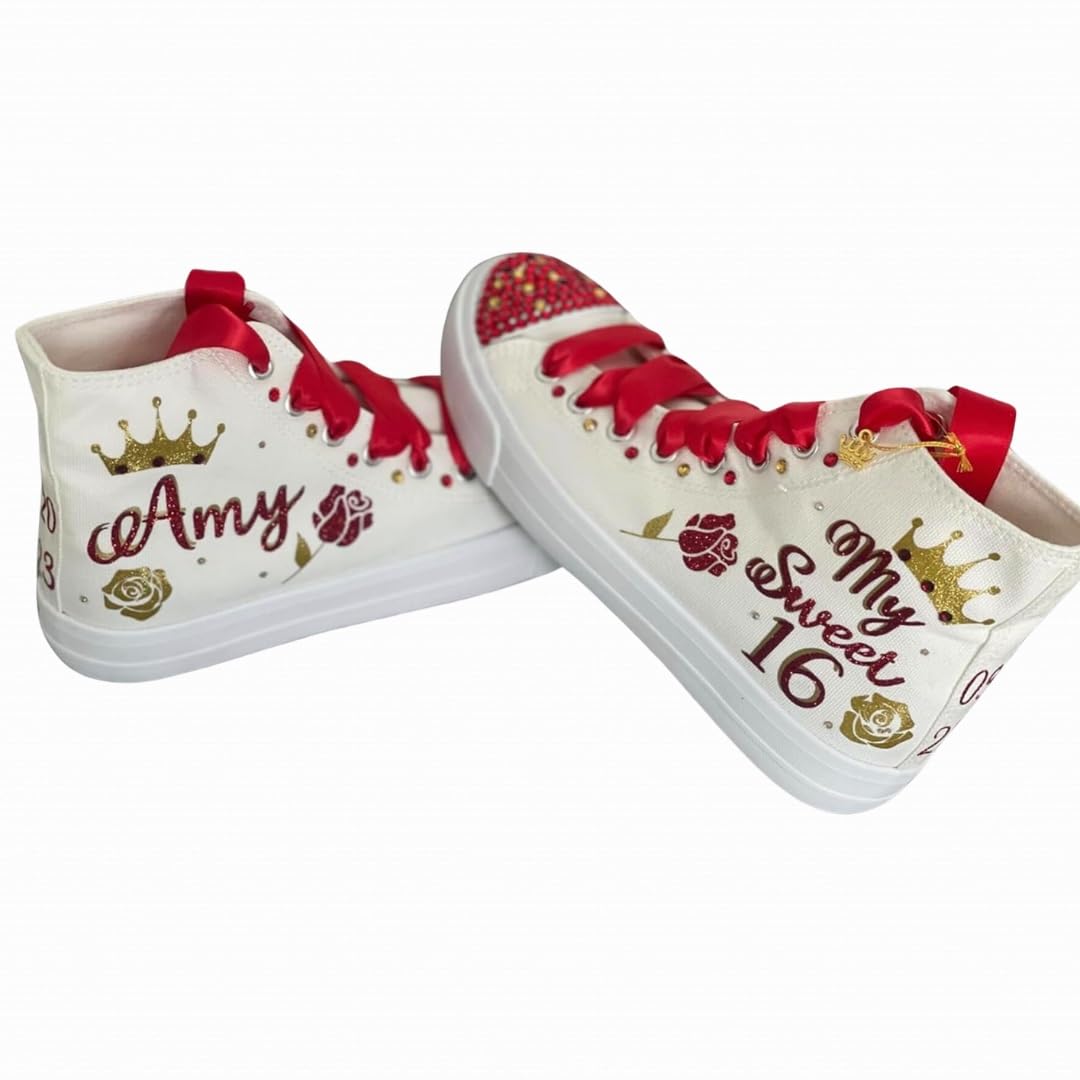 Sweet 16 Sneakers Sneakers – Birthday 16 personalized Shoes withCrown and Roses – Zapatillas de 16 Red and Gold Customized Shoes – Dancing 16th