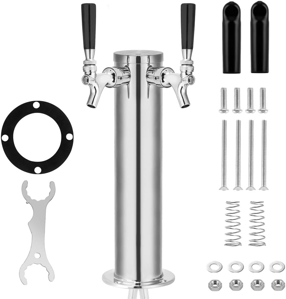 TMCRAFT Dispensador de torre de cerveza de barril de doble grifo, kit dispensador de torre de cerveza de acero inoxidable pulido con tubo premontado