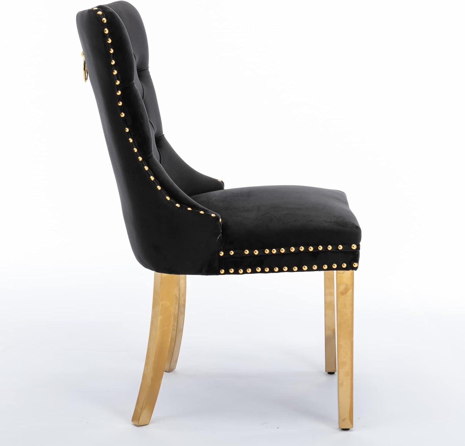 HABITRIO Juego de 2 sillas de comedor, sillas laterales tapizadas de madera maciza con patas de acero inoxidable chapado en oro, cabeza de clavo y