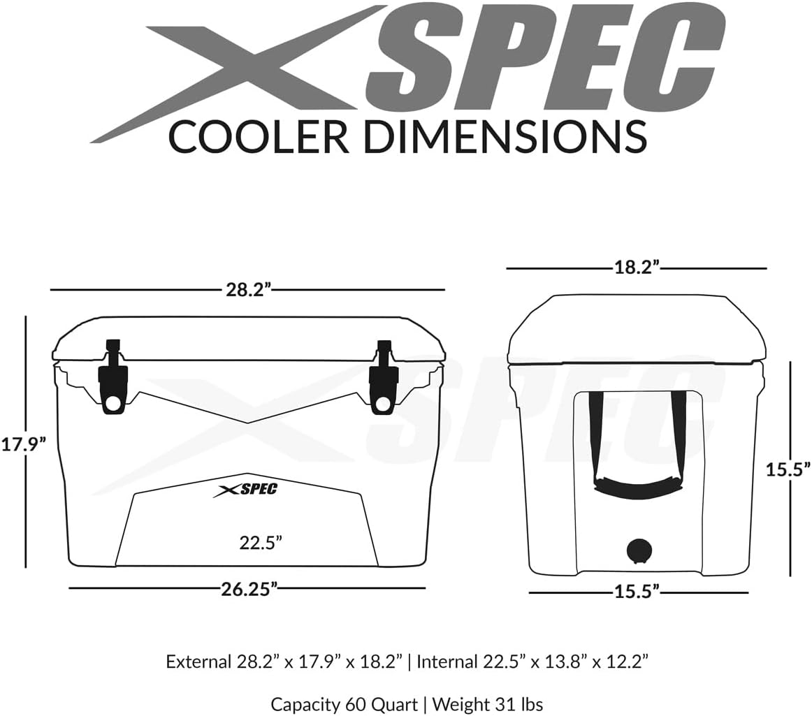 Xspec 60 Qt XL Roto Molded High Performance Camping Cooler Ice Chest  Extra Large Pro Tough Durable Outdoor Overland Rotomolded Hard Cooler