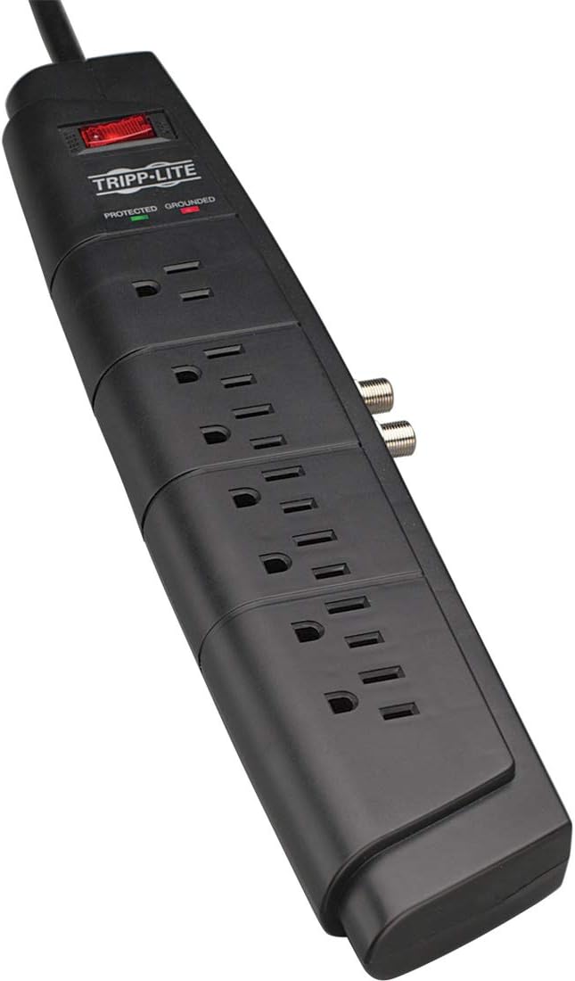 Tripp Lite Regleta de protección contra sobretensiones de 7 tomas, cable de 6 pies, enchufe de ángulo recto, protección coaxial, seguro de 50K y