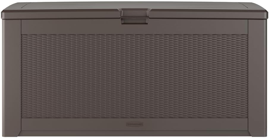 Rubbermaid Caja de almacenamiento de resina extragrande para exteriores (134 galones), resistente a la intemperie, marrón, organización de cubierta