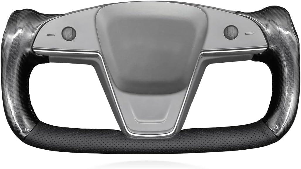 MEWANT Funda de volante de fibra de carbono de poliuretano brillante de cuero genuino negro cosido a mano para Tesla Model S Yoke Model X