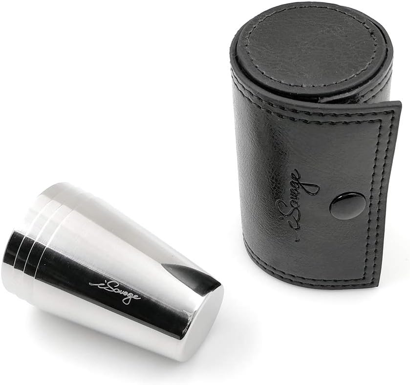 iSavage Vasos de chupito con funda de cuero negro de 1.2 onzas cada juego de 4 vasos de acero inoxidable 188, 1 bolsa reutilizable – YM201