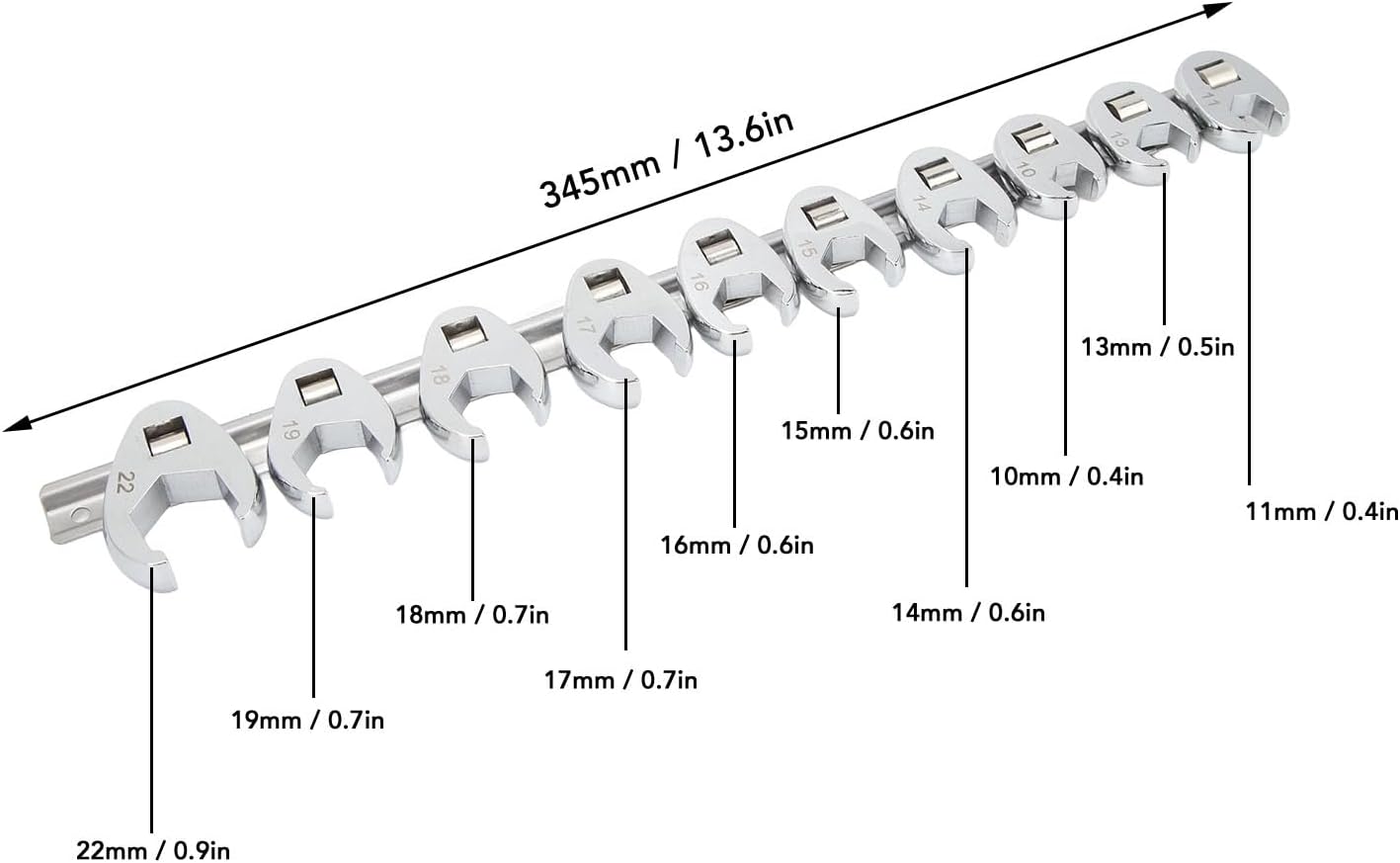 Fydun Juego de herramientas de llave de tuerca métrica, 10 piezas, juego de llaves de pie de cuervo, adaptadores de llave Crowfeet de 0.394 in a