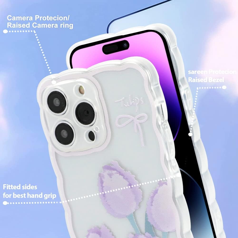 OOK Flower Designs – Funda transparente para iPhone 14 Pro Max, con protector de pantalla, bonito estampado de flores azules para niñas y mujeres,