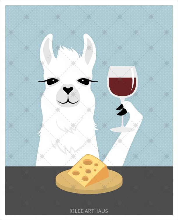 A 6J – White Llama Drinking Wine and Eating Cheese UNFRAMED Wall Art Print by Lee ArtHaus