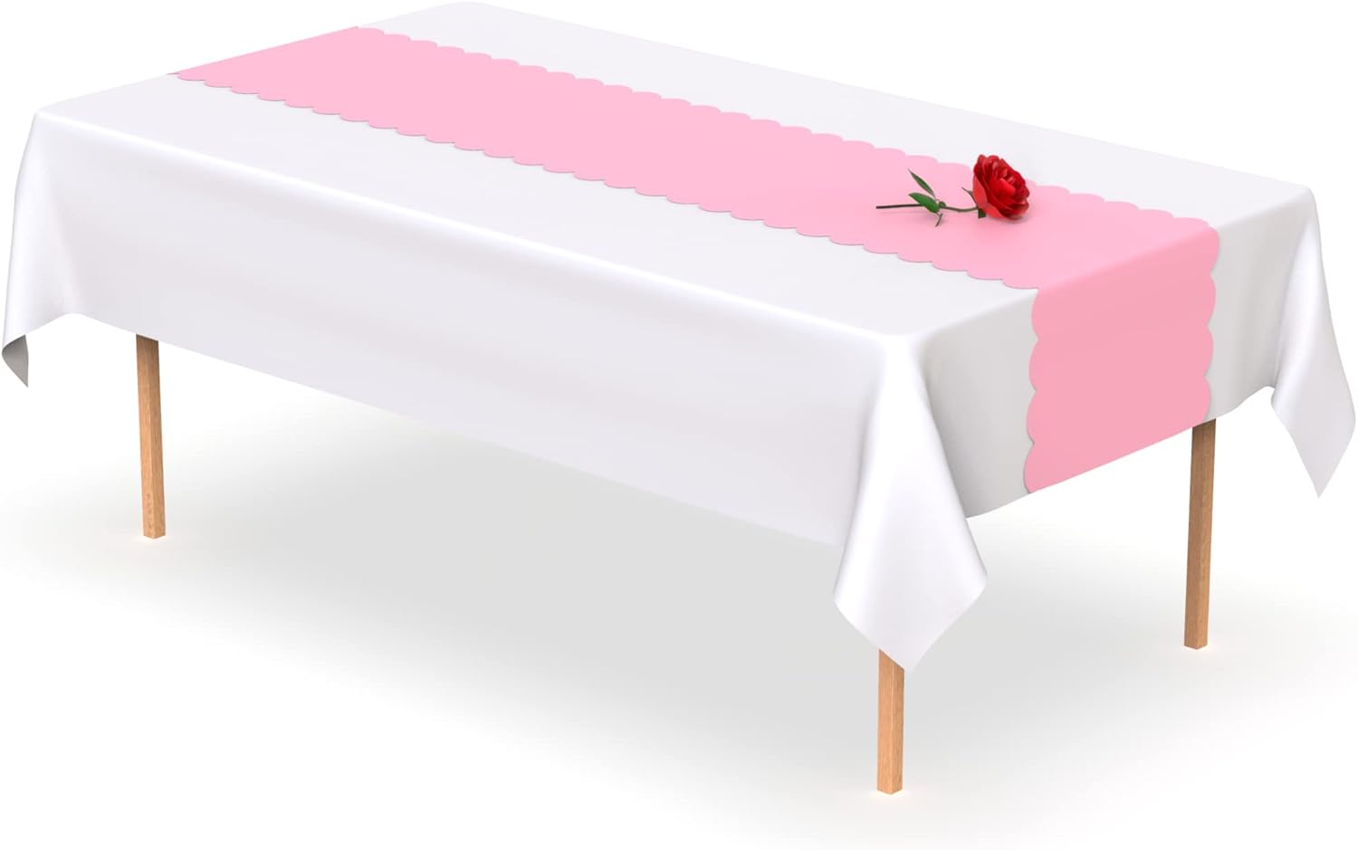 Camino de mesa desechable de plástico rosa claro. Paquete de 5 caminos de mesa de 14 x 108 pulgadas. El camino de mesa festoneado añade un toque de