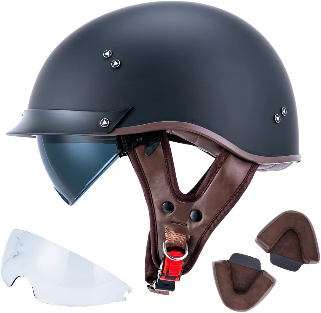 VCOROS F-07 – Casco de media cara para motocicleta, visera solar, hebilla de liberación rápida, aprobado por DOT, cascos para adultos para hombres y