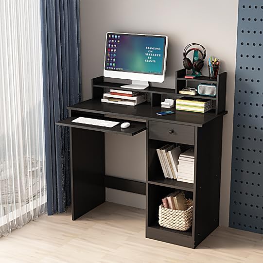 ALISENED Escritorio para computadora con cajón y bandeja para teclado, escritorio de estudio de 39.3 pulgadas con gabinete de escritorio y estantes