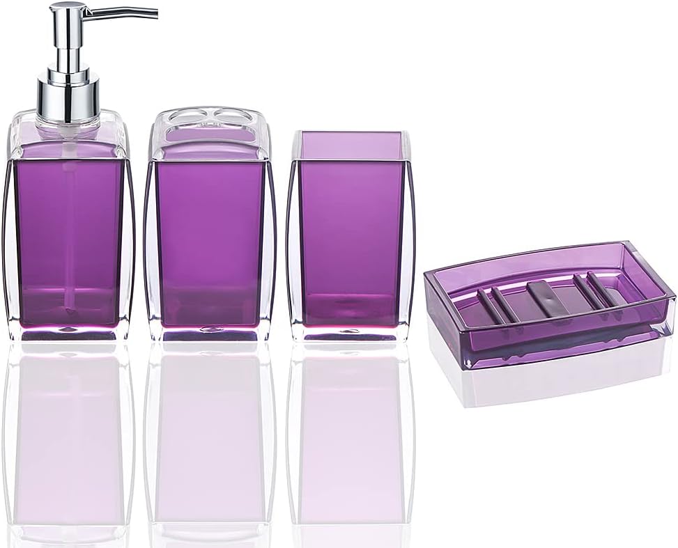 Yueranhu Juego de accesorios de baño morados, juego de regalo de decoración de baño acrílico de 4 piezas, soporte para cepillos de dientes, vaso
