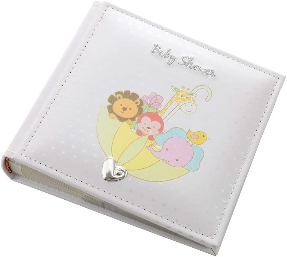 White Noah’s Ark – Álbum de fotos para baby shower con animales coloridos y corazones plateados con capacidad para 80 fotos de 4 x 6 pulgadas,