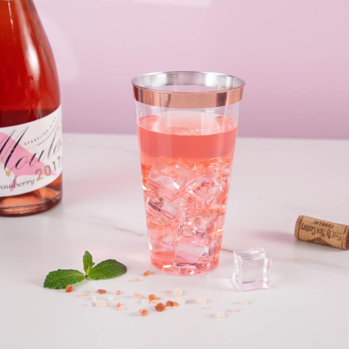 LIYH – 100 vasos de plástico de oro rosa, vasos de plástico con borde de oro rosa de 16 onzas, elegantes tazas de boda de plástico transparente,