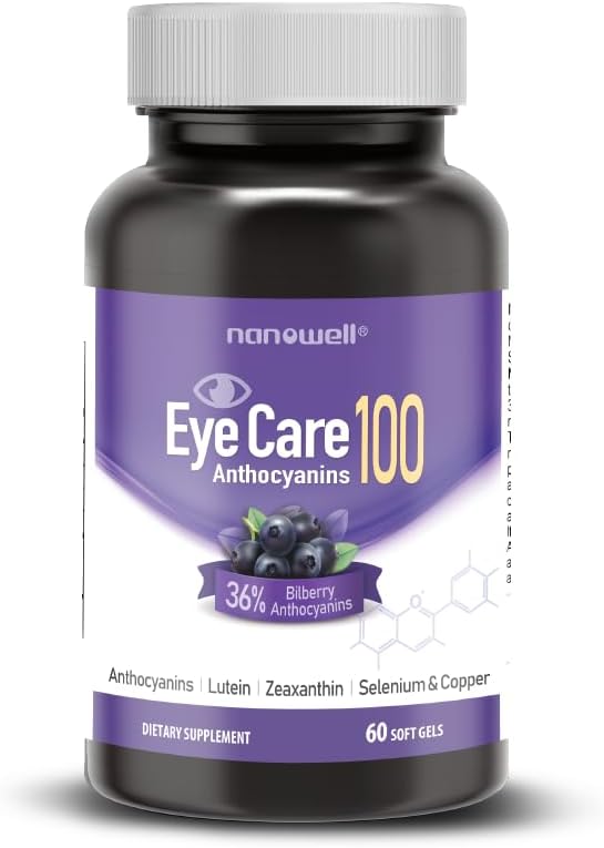 NANOWELL EyeCare Antocianinas 100-60 cápsulas blandas x 1 botella durante 2 meses, suplemento de salud ocular, vitaminas oculares, luteína (60