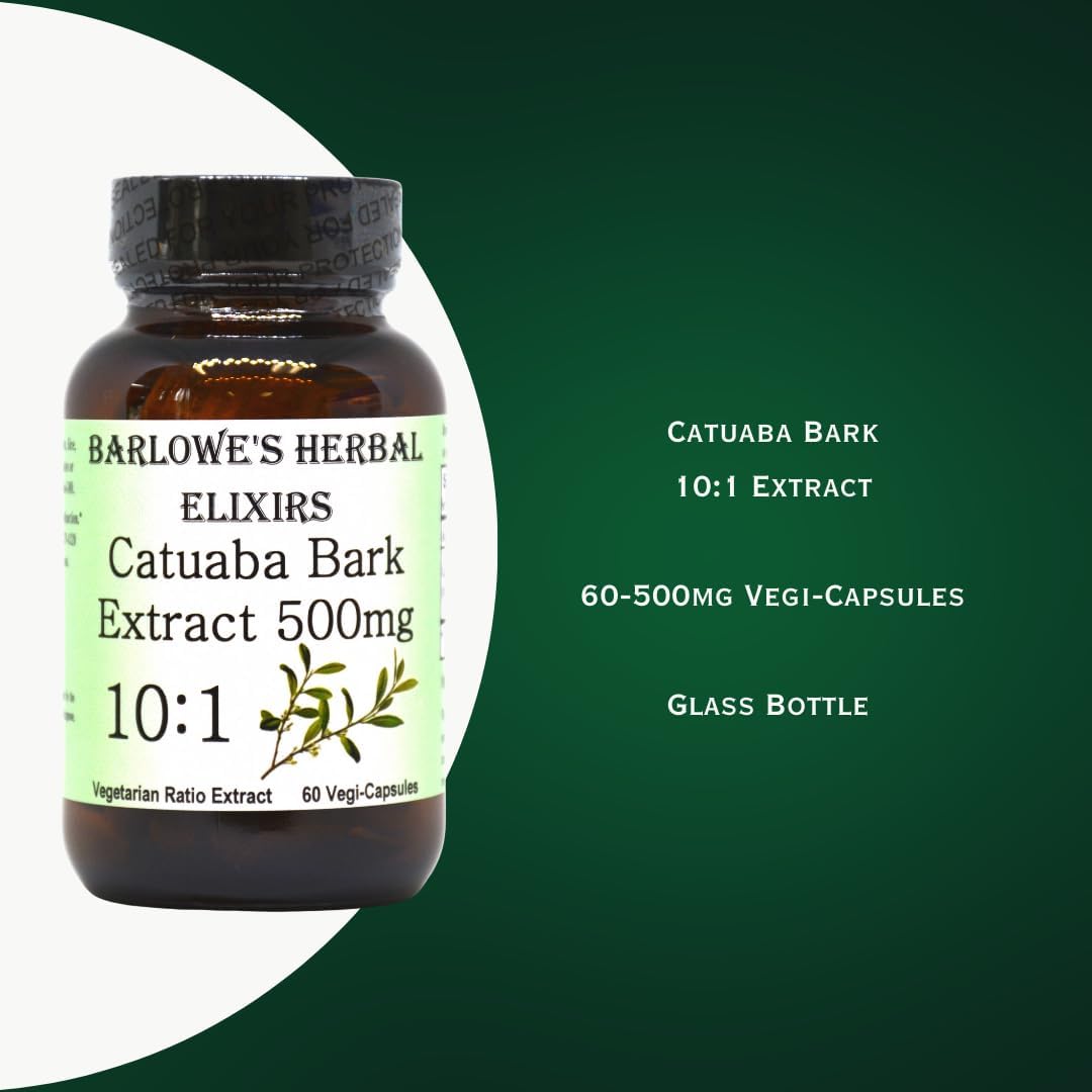 Barlowe’s Herbal Elixirs Extracto de Catuaba 101 – 60 500mg VegiCaps – Sin estearato, botella de vidrio!
