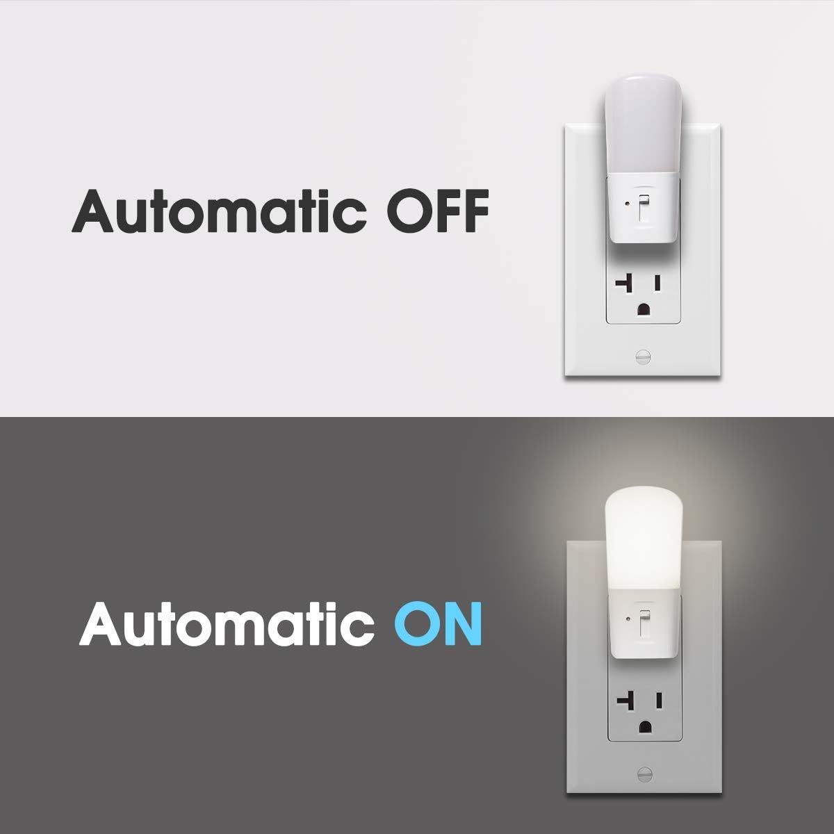 LOHAS – Luz nocturna LED enchufable con sensor de anochecer a amanecer, paquete de 2 luces diurnas de 5000 K, 5 lm a 80 lúmenes, luz nocturna