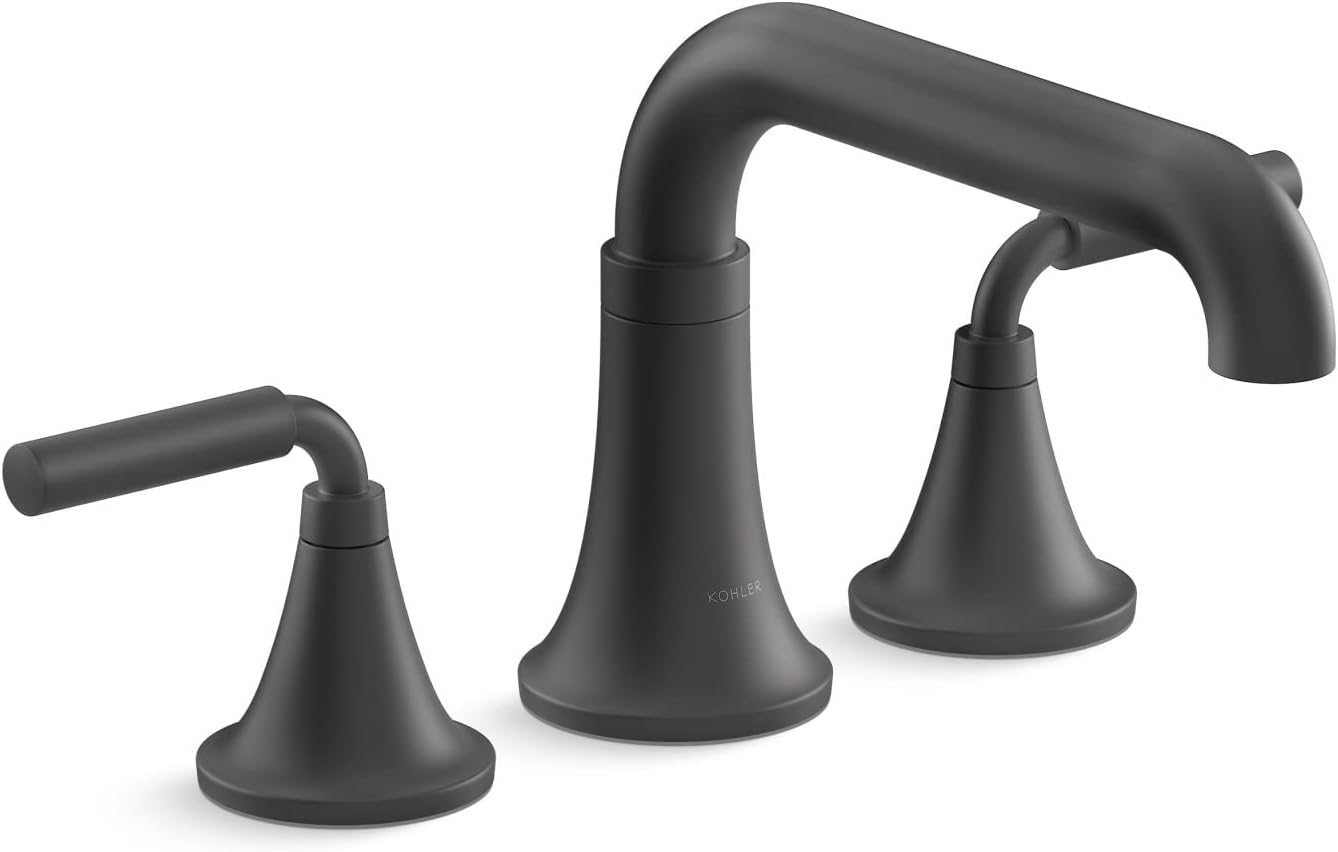 Kohler T27417-4-BL – Juego de grifo de baño de montaje en cubierta, grifo de bañera con dos manijas de palanca, negro mate