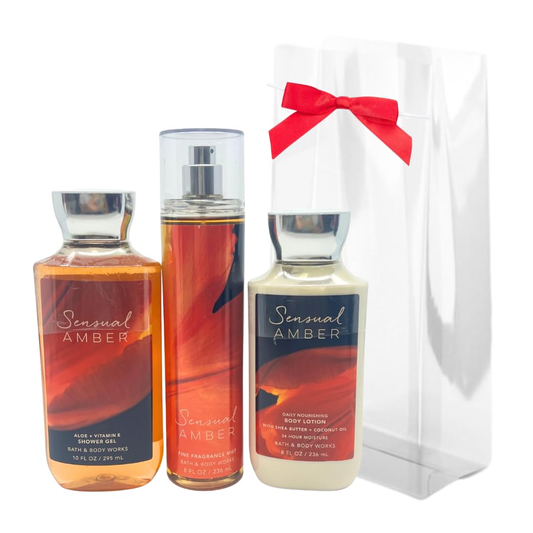 Bath & Body Works Sensual Amber – Paquete de 3 piezas – Paquete de regalo para vacaciones – Gel de ducha de 10 onzas – Bruma de fragancia fina de 8