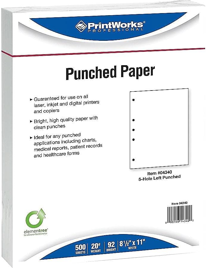 PrintWorks Professional Papel preperforado, 5 agujeros a la izquierda para carpetas de 2 anillos y 3 anillos y carpetas de archivos de cierre