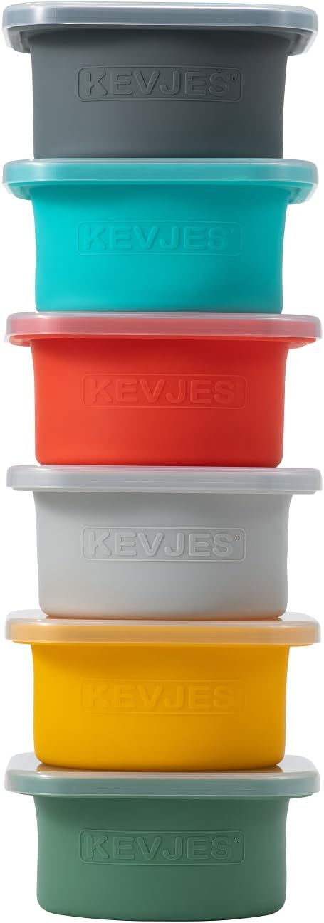 KEVJES Recipientes apilables de silicona para masa de pizza con tapas, porción de 16.9 fl oz, paquete de 6 (1 amarillo+1 verde+1 azul+1 gris+1 gris