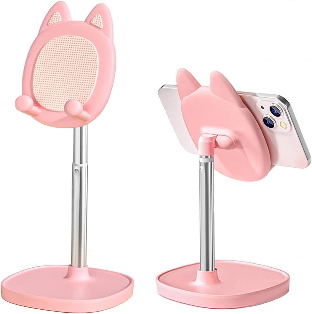 Lindo soporte de teléfono para gato, soporte para teléfono celular con cabeza de gato para escritorio, ángulo y altura ajustable, compatible con