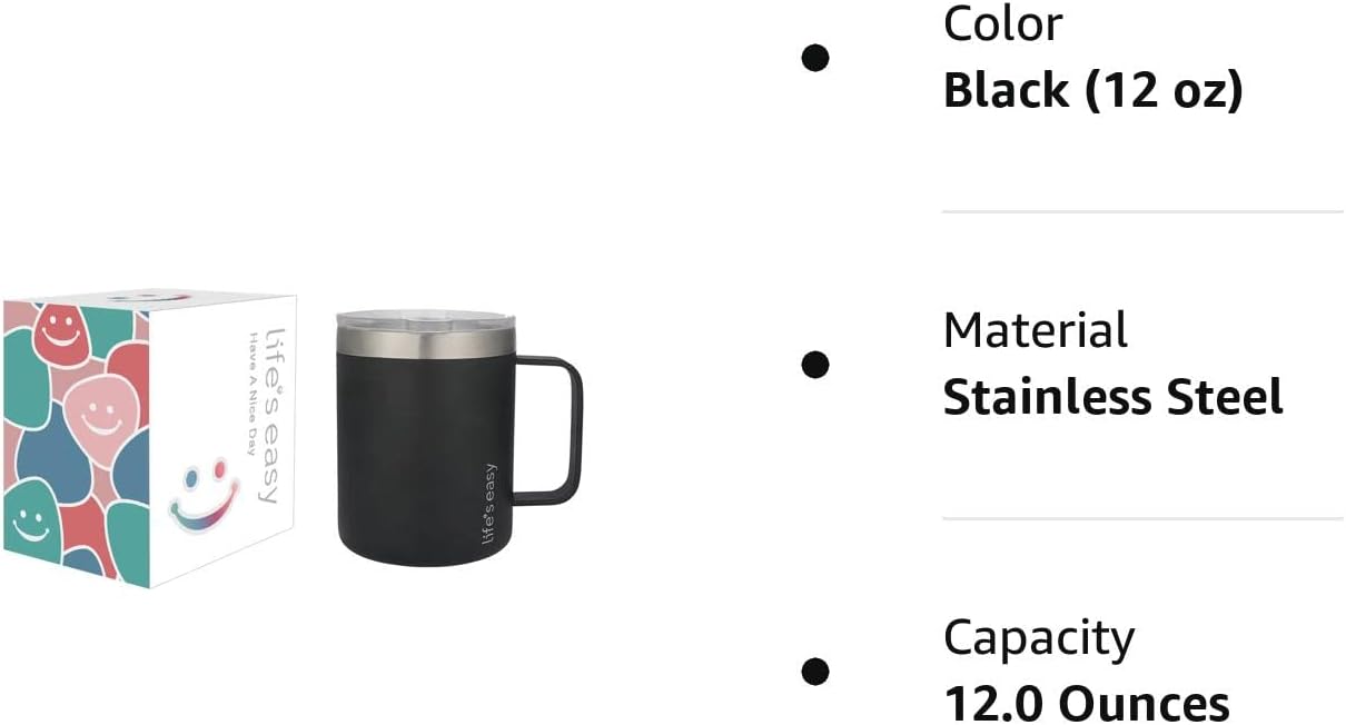 Life’s Easy Taza de acero inoxidable de 12 onzas con asa, vaso de viaje aislado de doble pared con tapa abatible, taza térmica para café, agua,