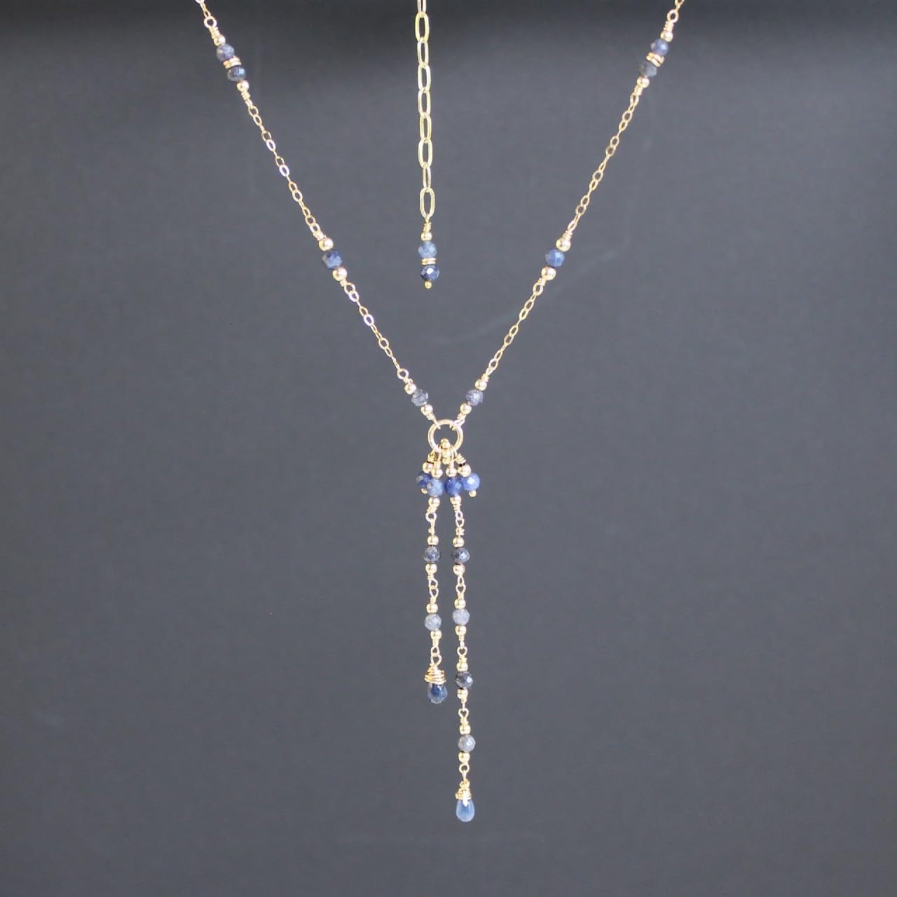 Blue Sapphire Lariat 14K Gold Filled Chain Tassel Necklace, Y Delicate Chain Necklace. Gifts for Women (17″ + 2.5″ extender, 925 sterling silver)