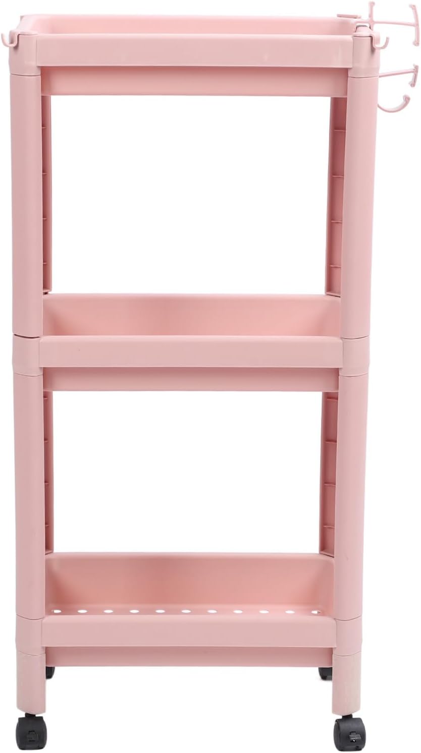 TUWEI Estantería de pie, estante multifuncional de varios niveles para dormitorio, color rosa resistente (3 capas (con ruedas))