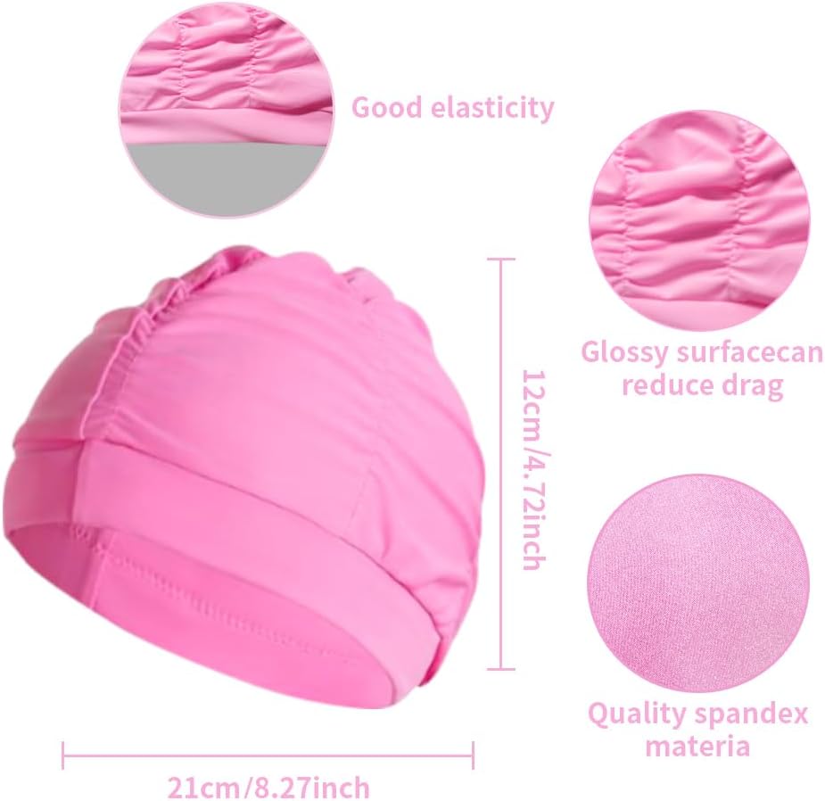 2 gorras de natación de tela rosa para mujer, tela duradera, no impermeable, elástica, gorra de baño para cabello largo