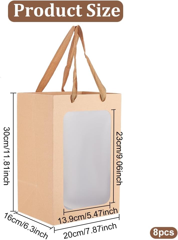 BENECREAT Paquete de 8 bolsas de papel kraft marrón transparente para ventana, 11.8 x 7.87 x 6.3 pulgadas, bolsa de regalo con asas para cumpleaños,