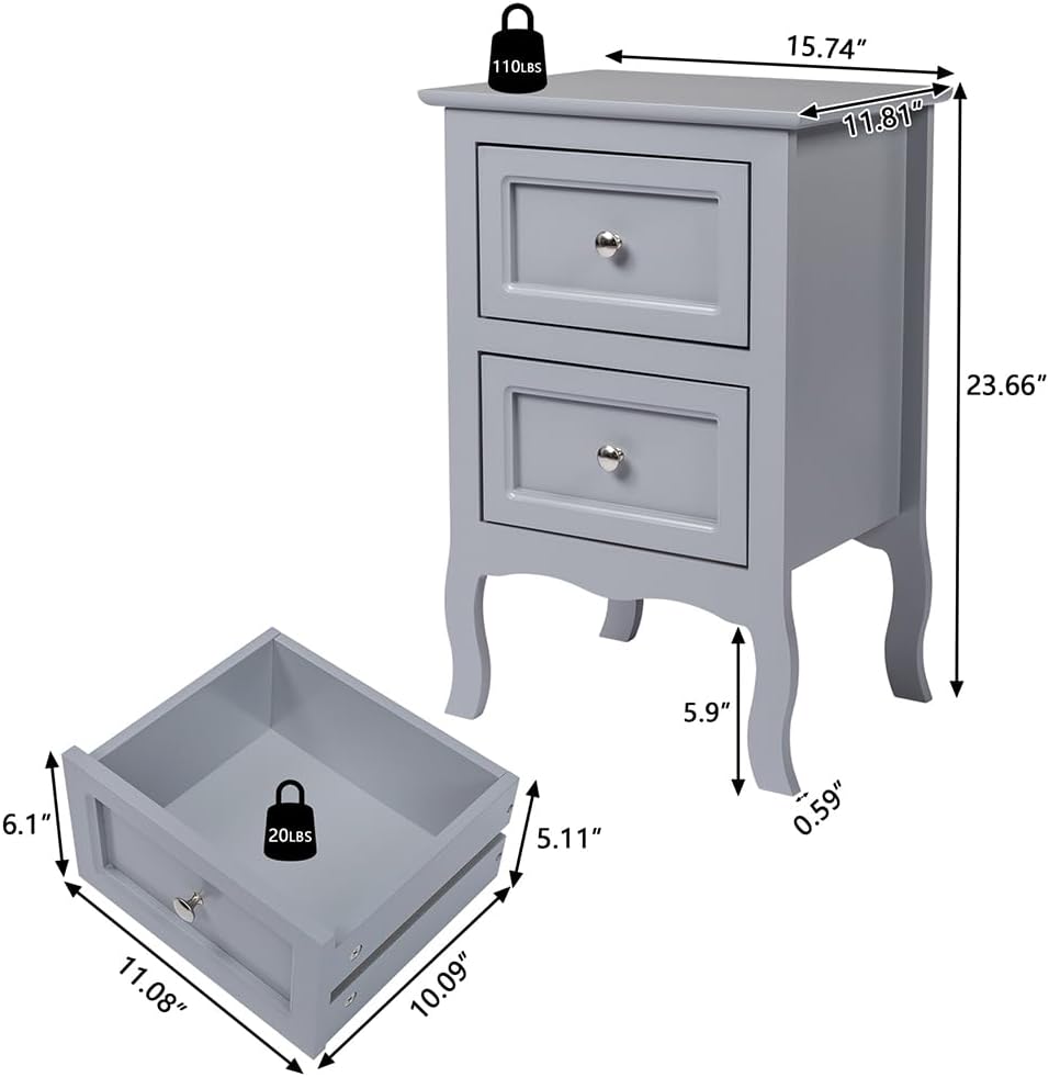 Juego de 2 mesitas de noche con cajones, mesita de noche gris, muebles decorativos de granja, mesas auxiliares de espacio pequeño con patas de