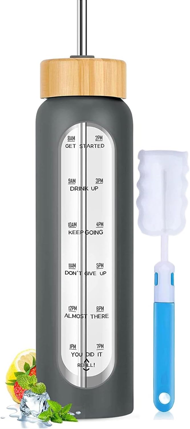 Botellas de agua de vidrio de 32 onzas con pajilla, botella de agua de vidrio motivacional con marcador de tiempo y funda de silicona (gris)