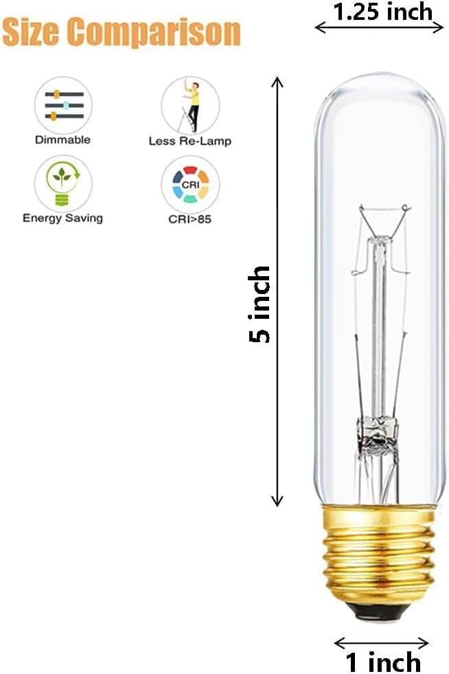 Bombilla incandescente tubular transparente T10 de 25 W, bombilla de escaparate de estilo vintage, lámpara de escaparate, blanco suave de 2700 K,