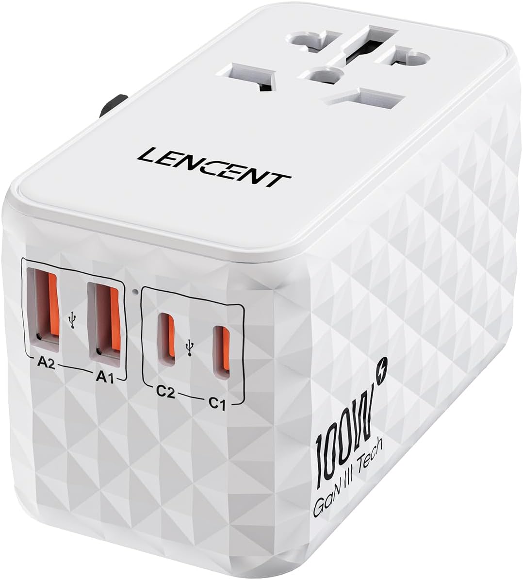 LENCENT Adaptador de viaje internacional de 100 W, adaptador de viaje universal con 2 QC USB-A y 2 adaptadores de corriente PD3.0 tipo C, carga