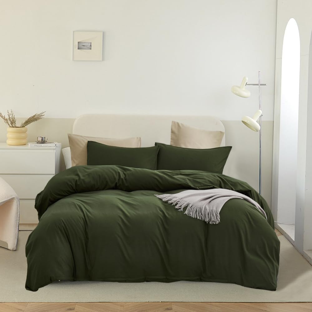 Pureant Juego de edredón verde oscuro, tamaño Queen, color verde oliva, para hombres y niños, juego de ropa de cama verde militar, suave, saludable,