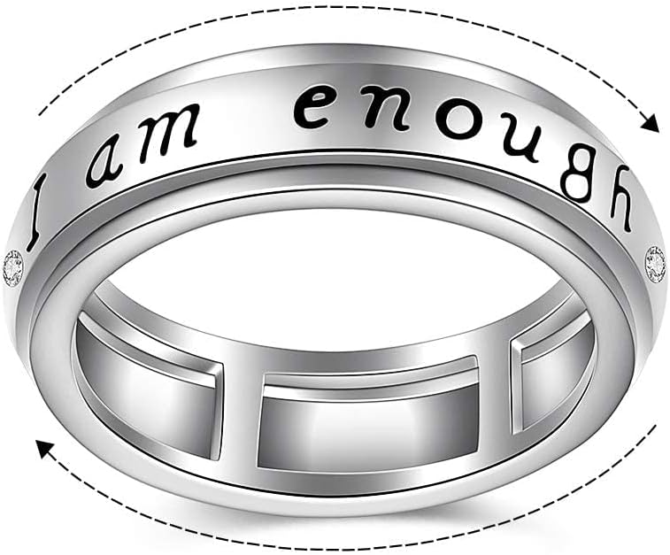 Anillo giratorio para ansiedad de plata de ley con giro de preocupación a juego con la promesa de compromiso I Am Enough Spinner Fidget anillos para