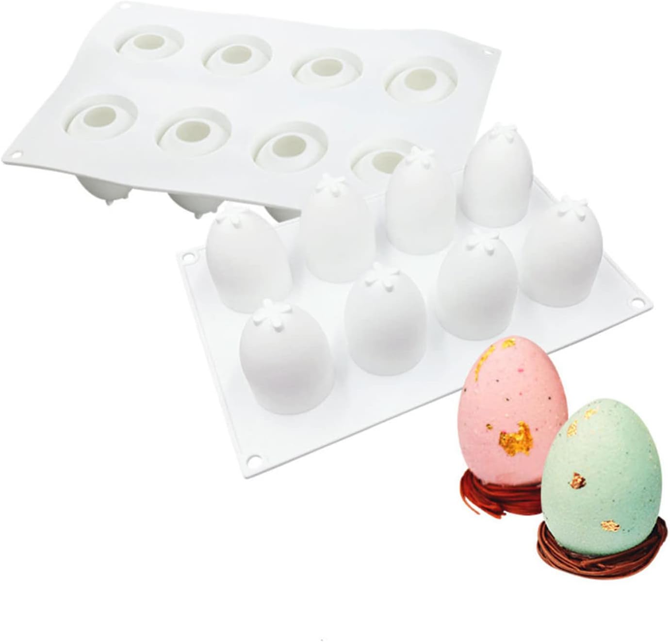 FVVMEED Moldes de silicona para huevos de Pascua con 8 cavidades, molde de mousse para tartas, molde antiadherente 3D para hornear, postre, pastel