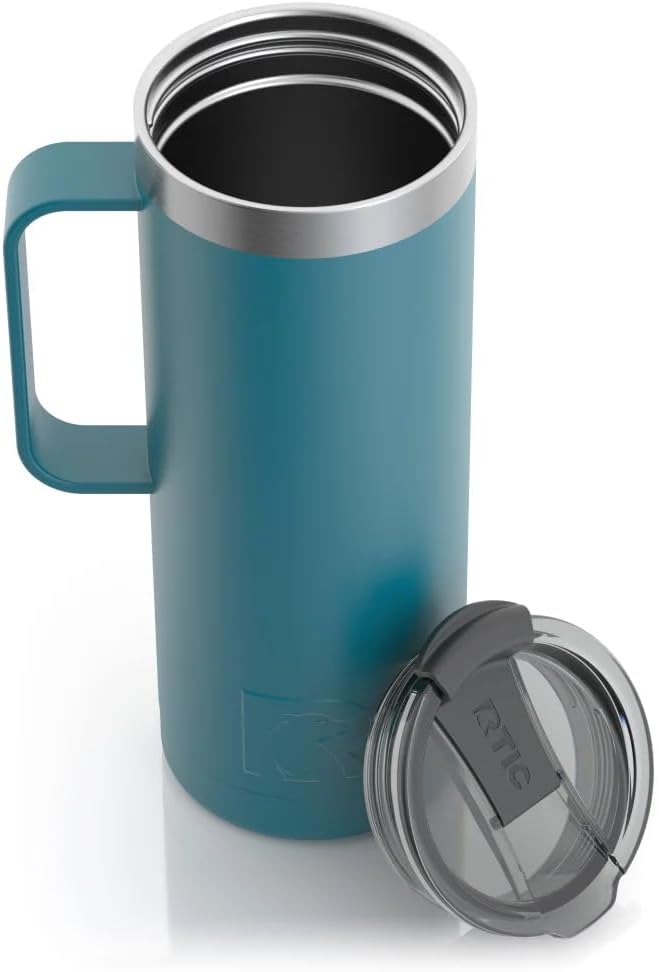 RTIC Taza de viaje de café de 20 onzas con tapa y asa, tazas aisladas al vacío de acero inoxidable, a prueba de fugas, derrames, bebidas calientes y