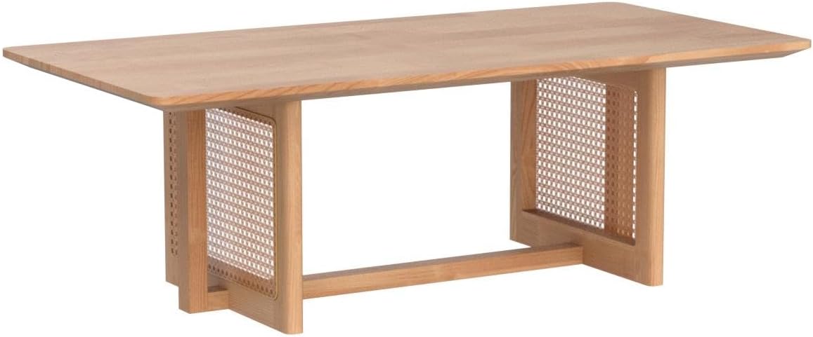 Mesa de centro de madera moderna de mediados de siglo con soporte de ratán de polietileno, mesa de café rectangular de madera maciza de 47 pulgadas,