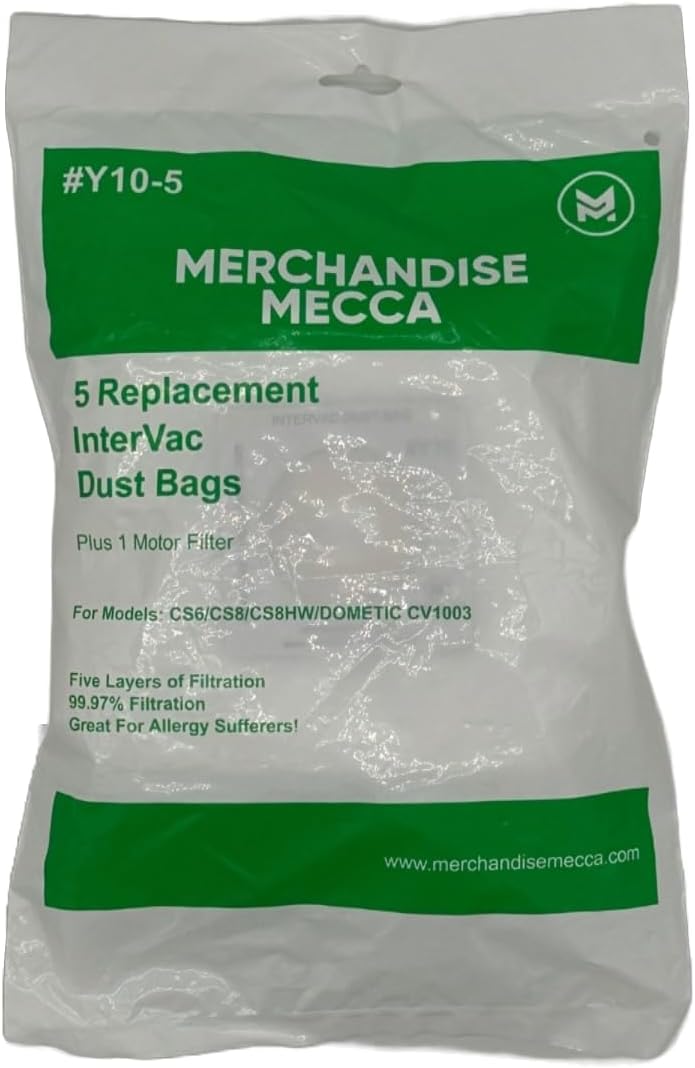 Bolsas Y10 de repuesto prémium para los modelos Intervac CS-6, CS-8 y CS-10  Contiene 5 bolsas de tela y 1 filtro de motor  Reemplaza OEM # Y10-5