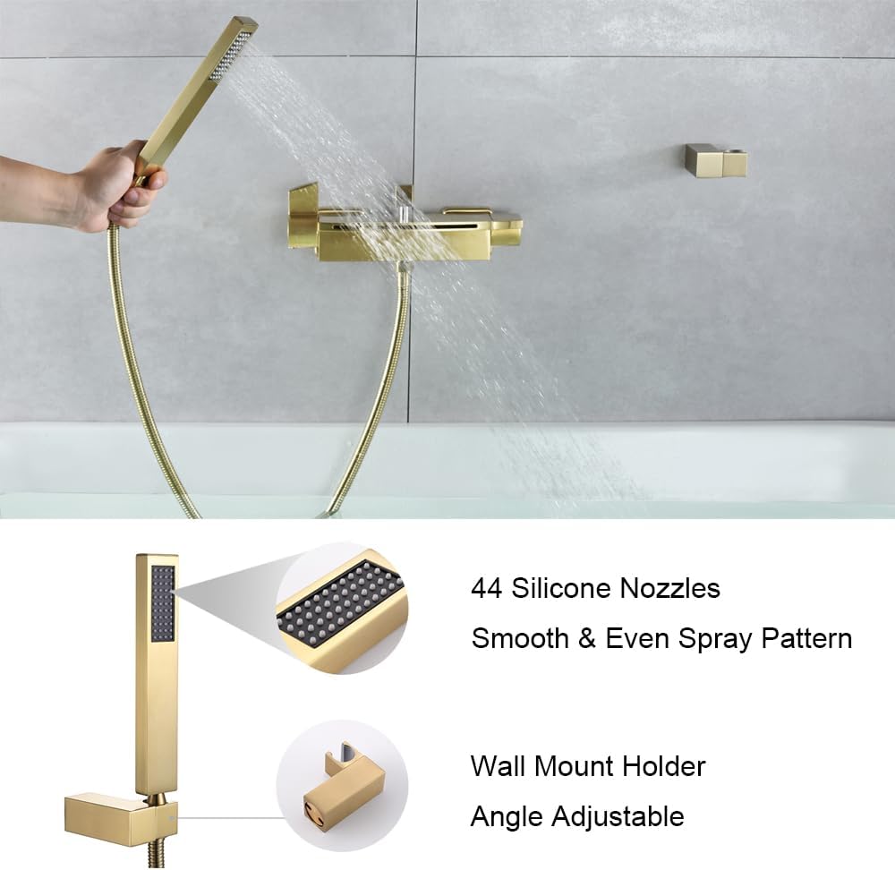 Grifo de bañera en cascada de montaje en pared con ducha de mano, relleno de bañera de oro cepillado de 2 asas, grifo de pared de latón con