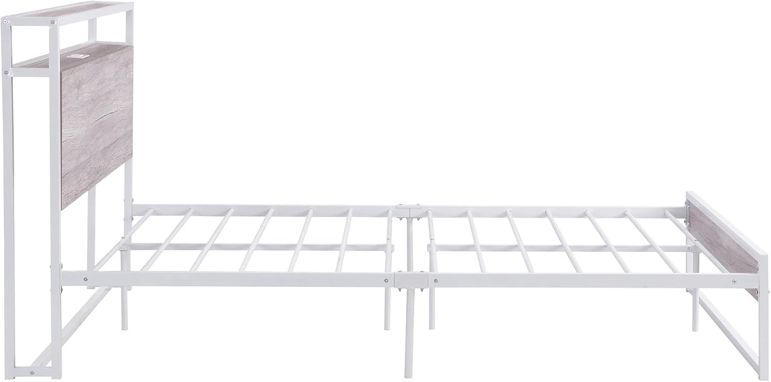 Ucloveria Base de cama de tamaño matrimonial con cabecera y estante de almacenamiento de 2 niveles, marco de cama moderno de metal y madera con
