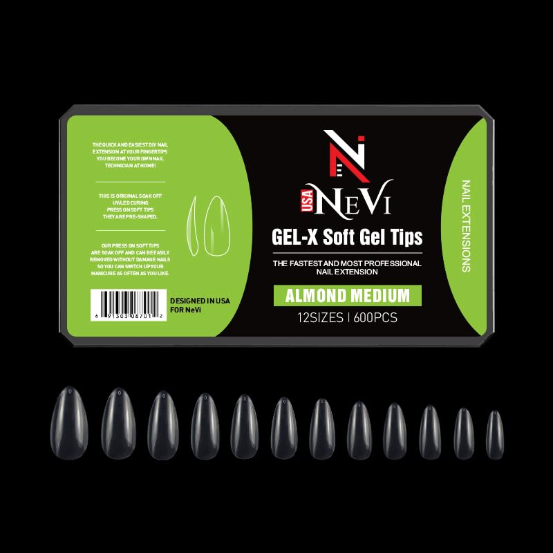 Nail Gel-X – Juego de puntas medianas de almendra natural, calidad premium, 600 puntas en 12 tamaños, kit completo de extensión de uñas de