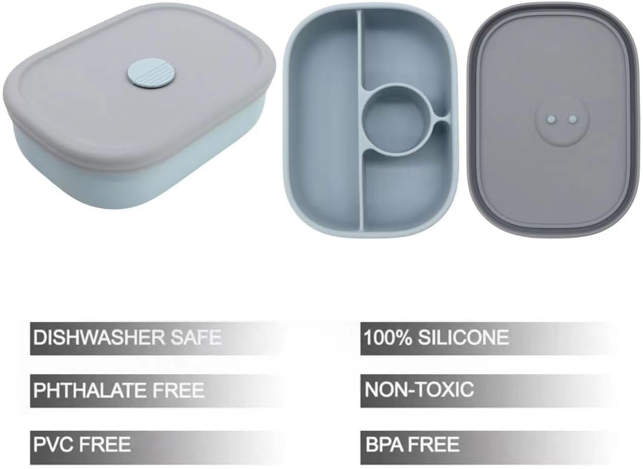 PandaEar Lonchera Bento de silicona para niños pequeños, lonchera de grado alimenticio a prueba de fugas, apta para microondas y lavavajillas (azul)