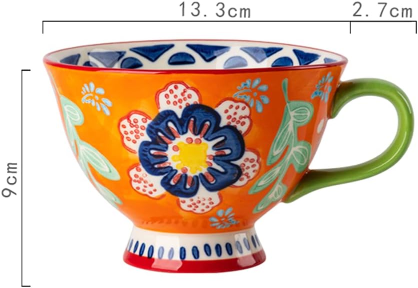 Bicuzat Taza de café de cerámica de gran capacidad con patrón floral pintado a mano, taza de té y leche, taza de desayuno para el hogar, cocina, 14
